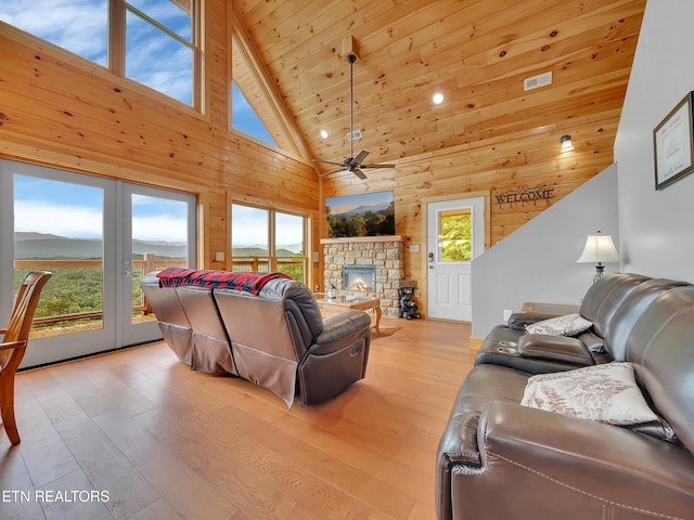 1027 Leslie Way, Sevierville, TN 37876 - living room featuring wood finished floors, ceiling fan, high vaulted ceiling, a stone fireplace, and wooden ceiling