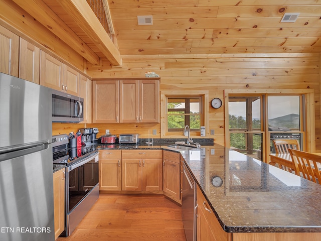 1027 Leslie Way, Sevierville, TN 37876 - kitchen with appliances with stainless steel finishes, a sink, light wood-style floors, wood walls, and dark stone counters