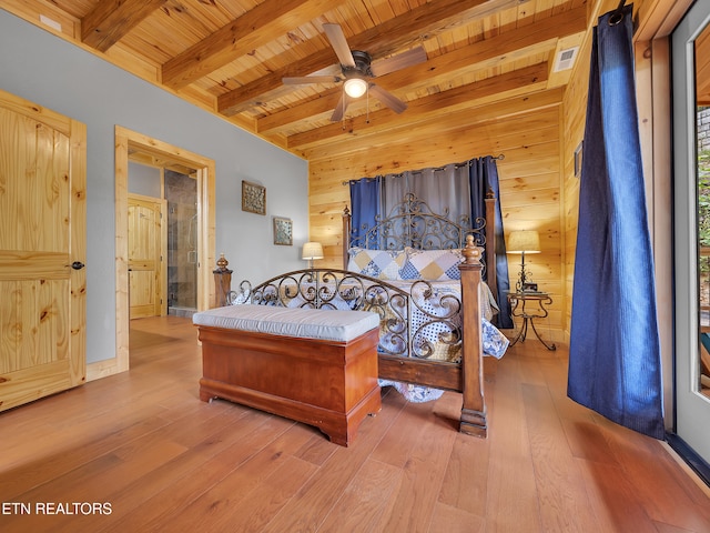 1027 Leslie Way, Sevierville, TN 37876 - bedroom featuring wooden ceiling with exposed beams, wooden walls, hardwood / wood-style floors, and a ceiling fan