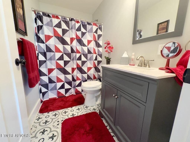 323 Wilson Hurst St, Tazewell, TN 37879 - bathroom featuring vanity, toilet, curtained shower, and tile patterned floors