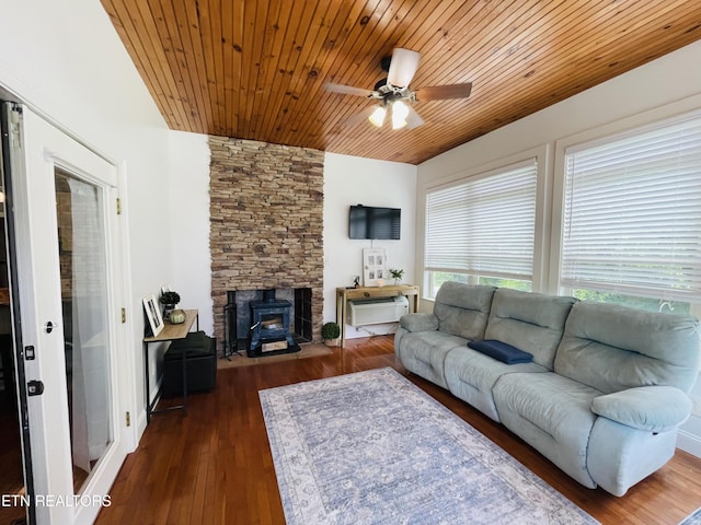 5422 Cricket Ln, Walland, TN 37886 - living area with a ceiling fan, wood ceiling, a wood stove, dark wood finished floors, and lofted ceiling