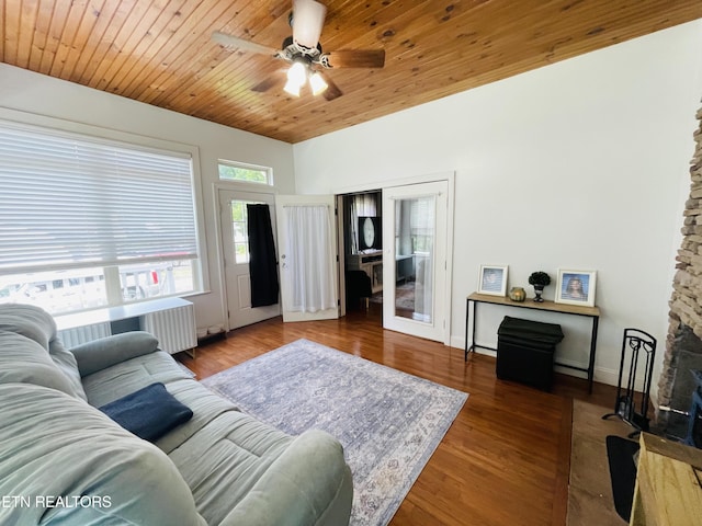 5422 Cricket Ln, Walland, TN 37886 - living area with ceiling fan, radiator, wood finished floors, and wooden ceiling
