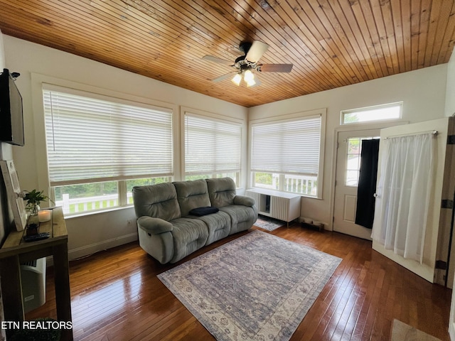 5422 Cricket Ln, Walland, TN 37886 - living area featuring radiator heating unit, ceiling fan, hardwood / wood-style flooring, and wooden ceiling