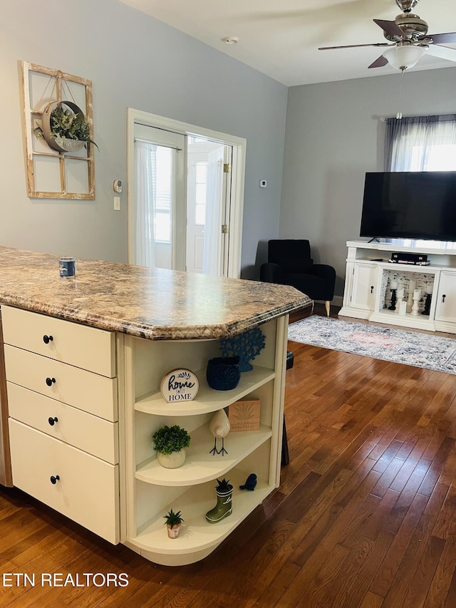5422 Cricket Ln, Walland, TN 37886 - kitchen featuring dark wood finished floors, a ceiling fan, open floor plan, and light stone countertops