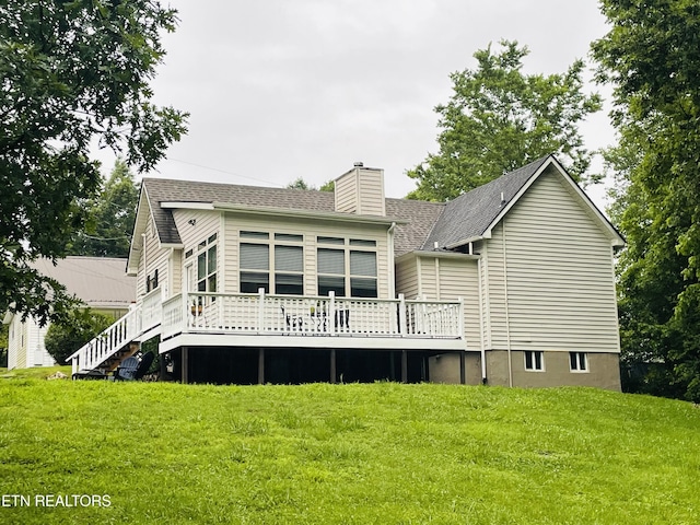 5422 Cricket Ln, Walland, TN 37886 - back of house with a chimney, a lawn, a wooden deck, and a shingled roof