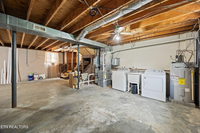 1036 Hawthorn Dr, Cookeville, TN 38501 - below grade area featuring electric water heater, heating unit, separate washer and dryer, stairway, and a sink