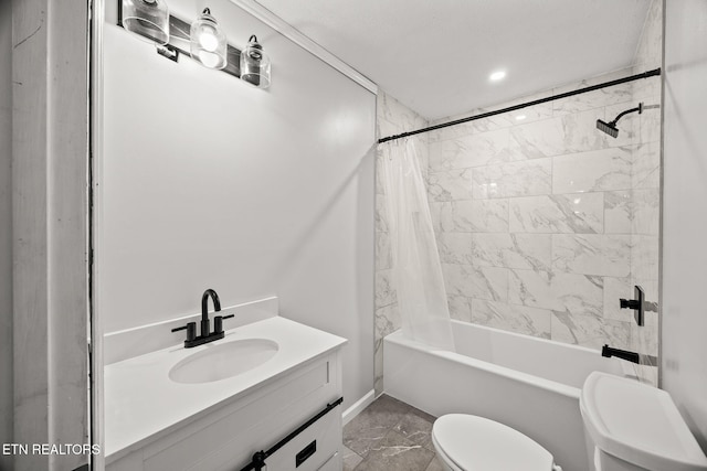1036 Hawthorn Dr, Cookeville, TN 38501 - full bath featuring toilet, vanity, shower / tub combo with curtain, and marble finish flooring