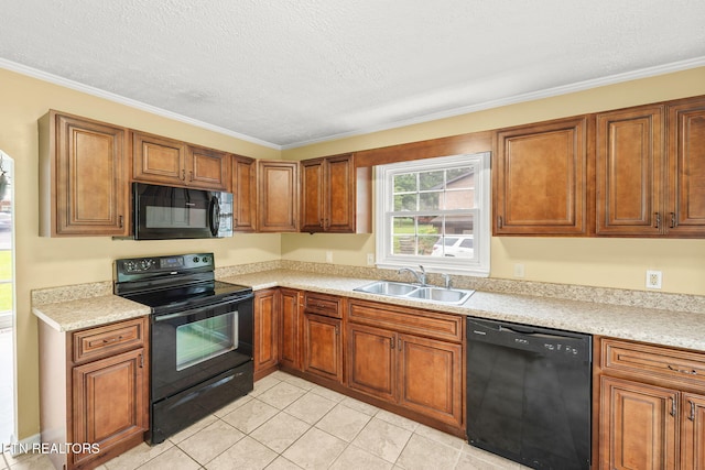 1036 Hawthorn Dr, Cookeville, TN 38501 - kitchen featuring black appliances, a sink, brown cabinets, ornamental molding, and a textured ceiling
