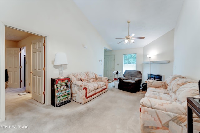 692 Shadywood Ln, Knoxville, TN 37923 - living room featuring carpet floors, a ceiling fan, and vaulted ceiling