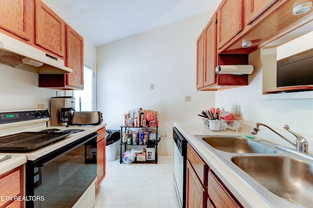 692 Shadywood Ln, Knoxville, TN 37923 - kitchen featuring electric range oven, a sink, under cabinet range hood, dishwasher, and light countertops
