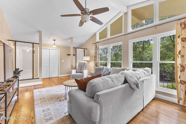 120 Cooper Cir, Oak Ridge, TN 37830 - living area with healthy amount of natural light, a ceiling fan, light wood-style floors, baseboards, and high vaulted ceiling