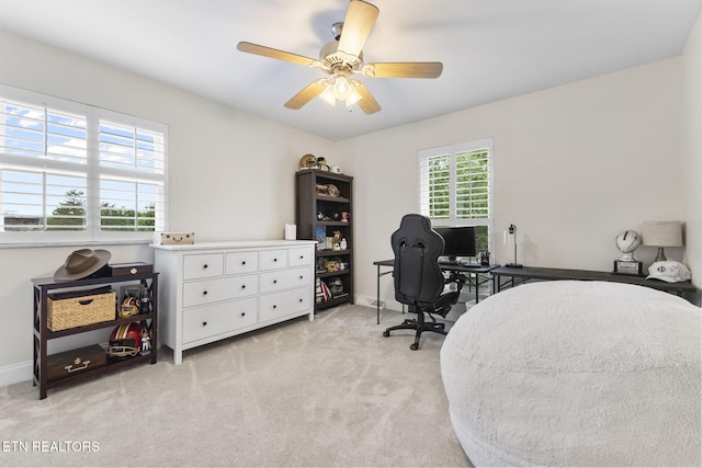120 Cooper Cir, Oak Ridge, TN 37830 - bedroom with multiple windows, light colored carpet, a desk, and baseboards