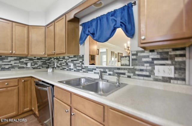 153 Creed Way, New Tazewell, TN 37825 - kitchen featuring stainless steel dishwasher, light countertops, decorative backsplash, and brown cabinets