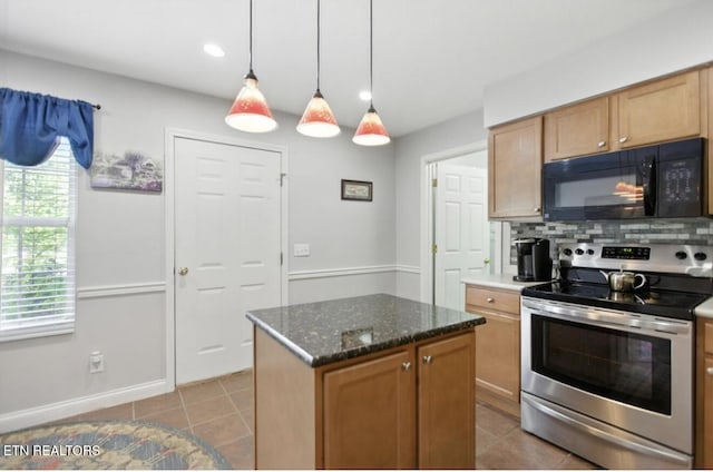 153 Creed Way, New Tazewell, TN 37825 - kitchen with black microwave, stainless steel range with electric cooktop, tile patterned floors, a center island, and backsplash