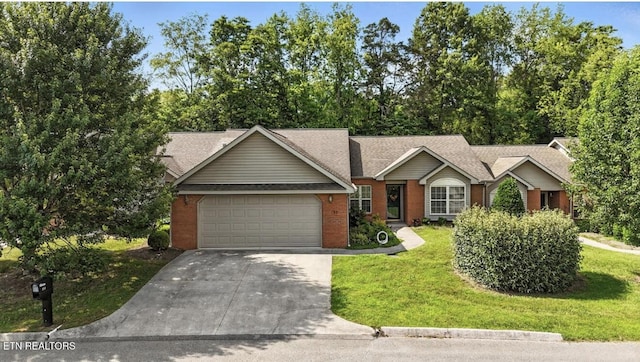 153 Creed Way, New Tazewell, TN 37825 - ranch-style home featuring a garage, concrete driveway, a front lawn, brick siding, and roof with shingles