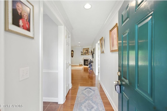 153 Creed Way, New Tazewell, TN 37825 - hall with wood finished floors, ornamental molding, and recessed lighting