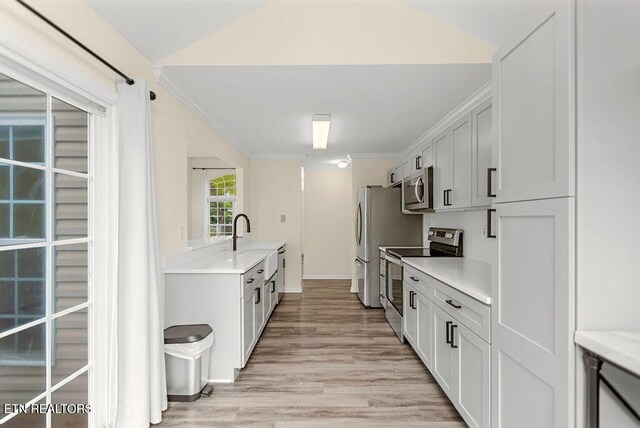 1213 Vale View Rd, Knoxville, TN 37922 - kitchen featuring stainless steel appliances, light countertops, light wood-type flooring, a sink, and crown molding