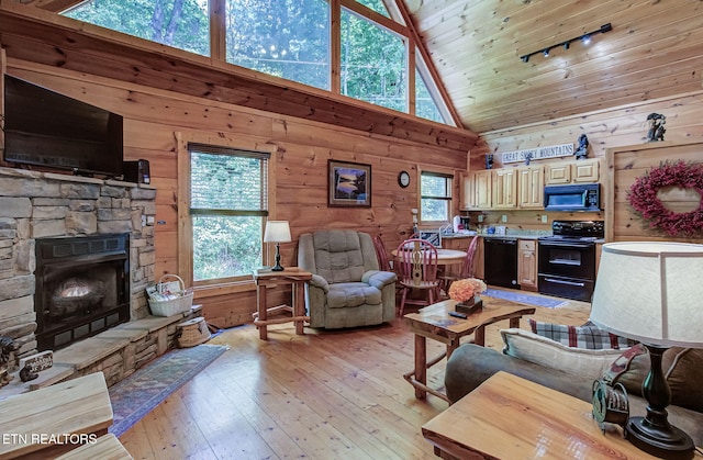 2261 Beach Front Dr, Sevierville, TN 37876 - living area featuring wooden walls, high vaulted ceiling, light wood-style flooring, a fireplace, and track lighting
