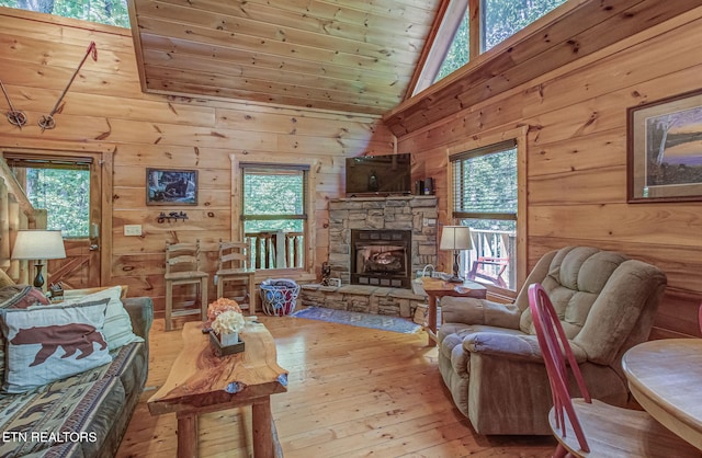 2261 Beach Front Dr, Sevierville, TN 37876 - living area with wood walls, hardwood / wood-style flooring, plenty of natural light, a fireplace, and wood ceiling