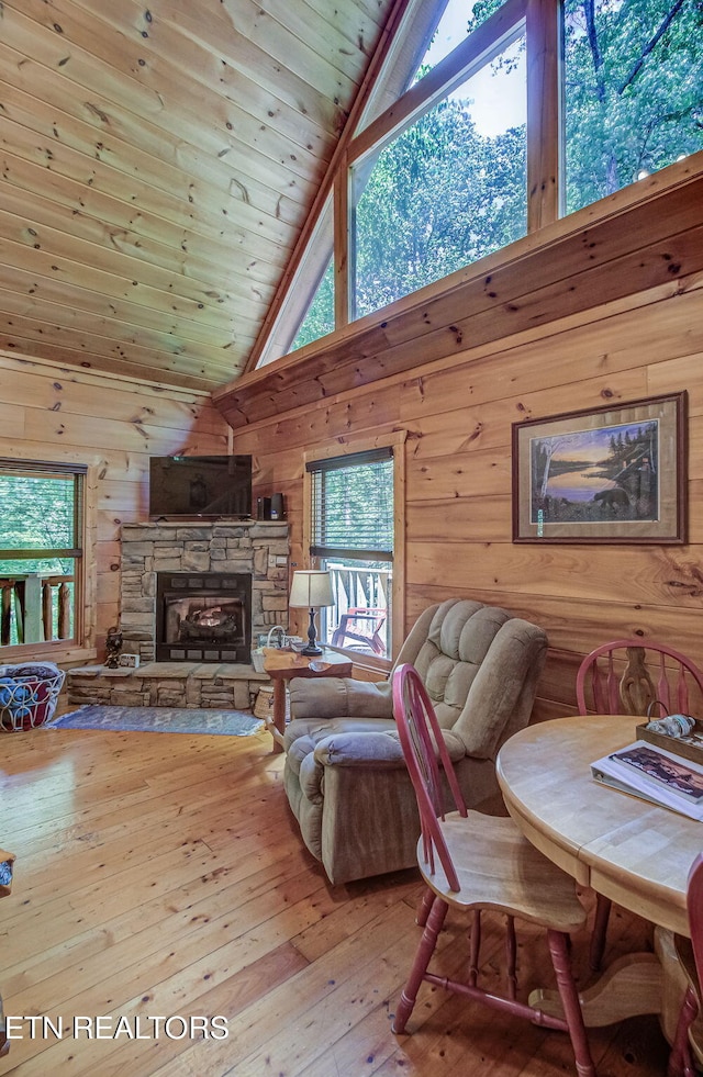2261 Beach Front Dr, Sevierville, TN 37876 - living area with wood-type flooring, wood walls, a fireplace, high vaulted ceiling, and wood ceiling