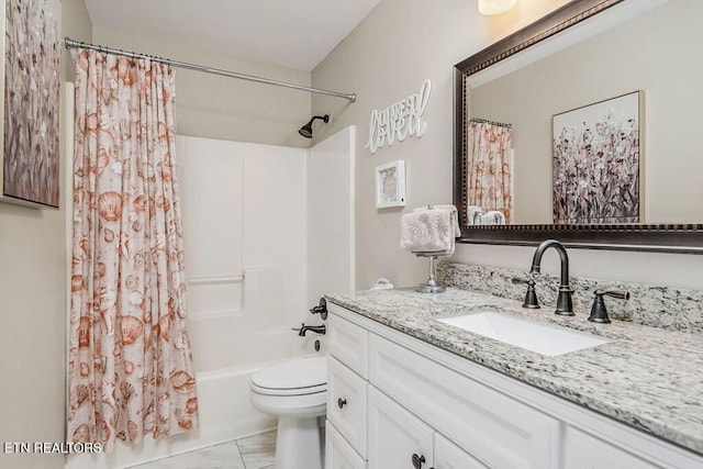 236 Stratford Dr, Cookeville, TN 38506 - full bath with vanity, marble look tile flooring, toilet, and shower / tub combo with curtain