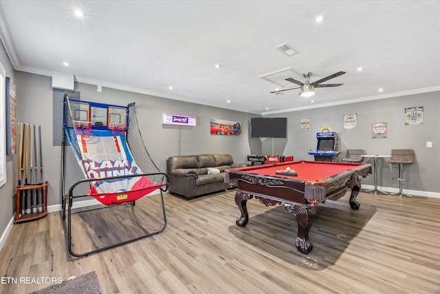 2837 Willa View Dr, Pigeon Forge, TN 37863 - playroom featuring recessed lighting, wood finished floors, ceiling fan, billiards table, and ornamental molding