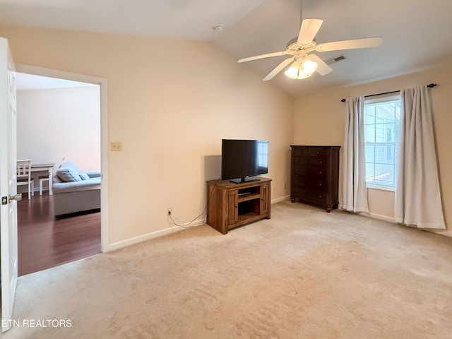 11104 Joiner Way, Knoxville, TN 37934 - unfurnished living room with carpet, vaulted ceiling, baseboards, and a ceiling fan
