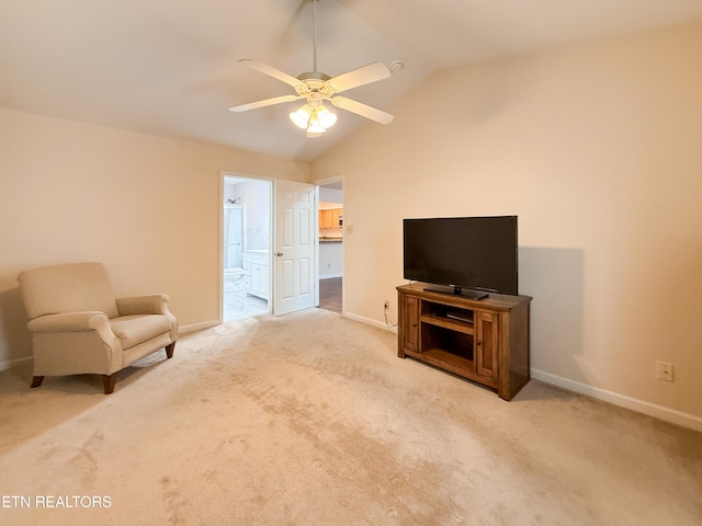 11104 Joiner Way, Knoxville, TN 37934 - living area featuring lofted ceiling, baseboards, a ceiling fan, and carpet flooring
