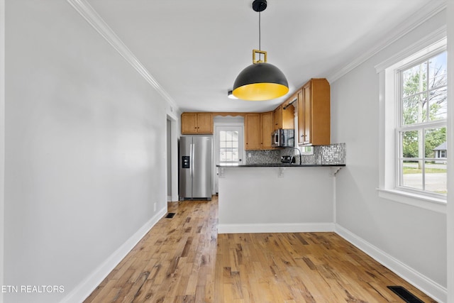 207 N Laurel Cir, Knoxville, TN 37912 - kitchen with appliances with stainless steel finishes, light wood-type flooring, backsplash, crown molding, and a peninsula