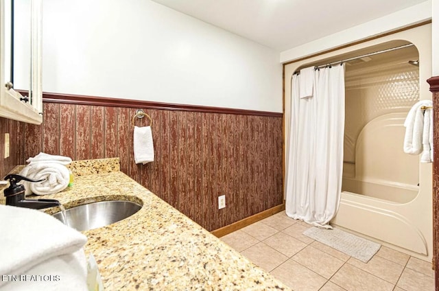 1293 Laurel Lick Rd, Sevierville, TN 37862 - bathroom featuring a wainscoted wall, tile patterned flooring, shower / bath combination with curtain, and vanity