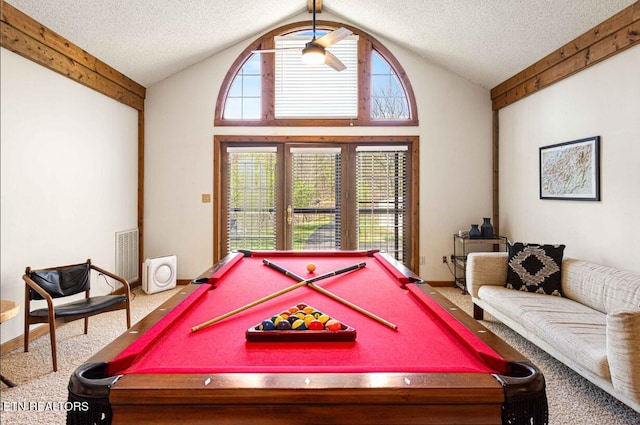 1293 Laurel Lick Rd, Sevierville, TN 37862 - playroom featuring pool table, vaulted ceiling, carpet floors, and a textured ceiling