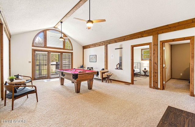 1293 Laurel Lick Rd, Sevierville, TN 37862 - recreation room with carpet, billiards table, a ceiling fan, a textured ceiling, and lofted ceiling