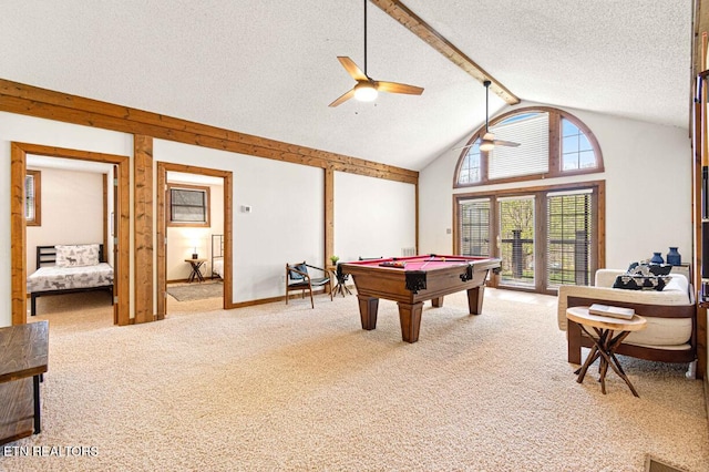 1293 Laurel Lick Rd, Sevierville, TN 37862 - recreation room featuring light colored carpet, billiards, a ceiling fan, and a textured ceiling