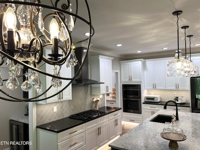 101 Dudala Way, Loudon, TN 37774 - kitchen with black appliances, a sink, decorative backsplash, a chandelier, and ornamental molding