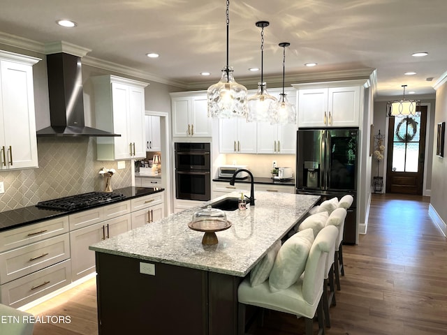 101 Dudala Way, Loudon, TN 37774 - kitchen with black appliances, wall chimney range hood, a sink, ornamental molding, and white cabinets