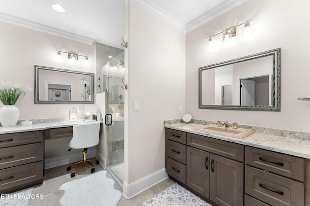 101 Dudala Way, Loudon, TN 37774 - bathroom featuring a shower stall, vanity, crown molding, and tile patterned flooring