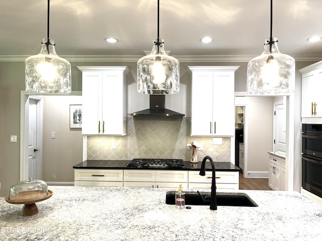 101 Dudala Way, Loudon, TN 37774 - kitchen with gas stovetop, white cabinets, light stone countertops, ornamental molding, and backsplash