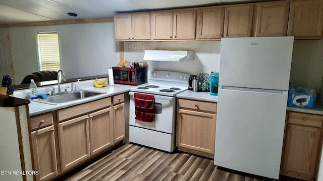 489 Trimmer Ln, Jamestown, TN 38556 - kitchen with white appliances, extractor fan, a sink, a peninsula, and light countertops