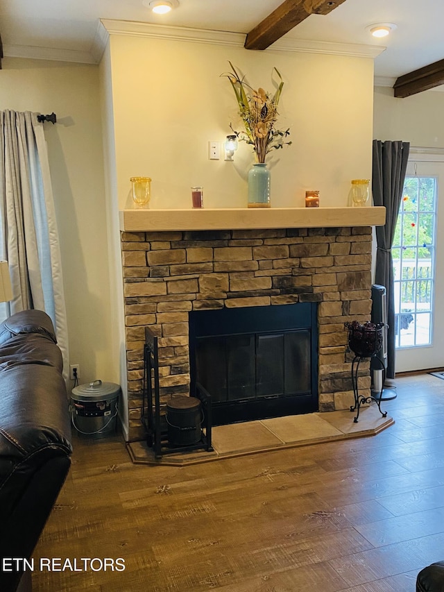 318 Deer Trail Dr, Dandridge, TN 37725 - detailed view of wood finished floors, a fireplace, crown molding, and beamed ceiling