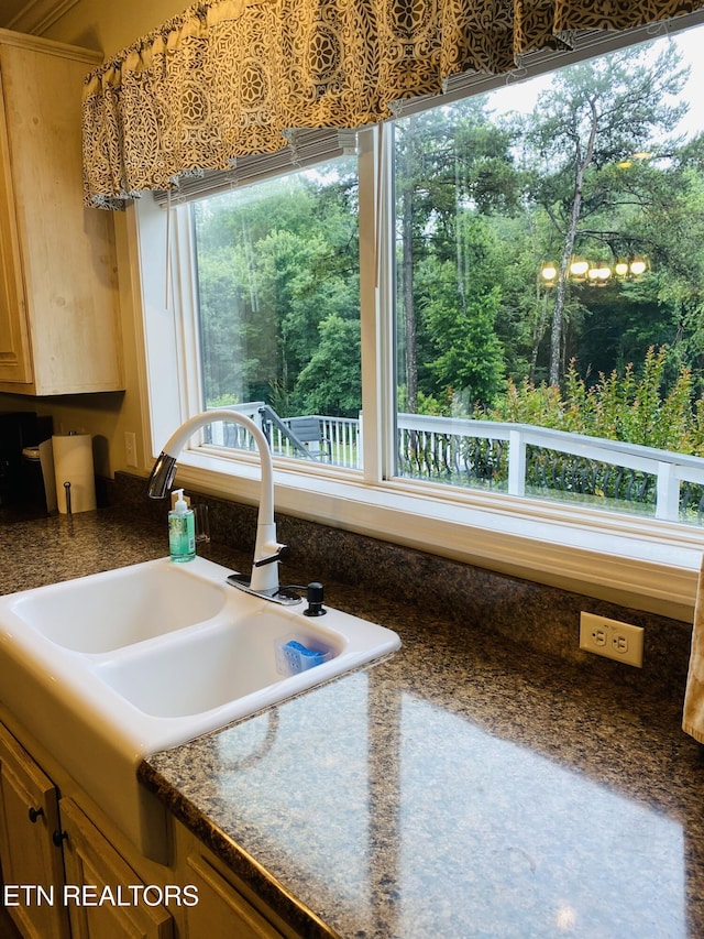 318 Deer Trail Dr, Dandridge, TN 37725 - kitchen view of a sink, dark countertops, and light brown cabinets