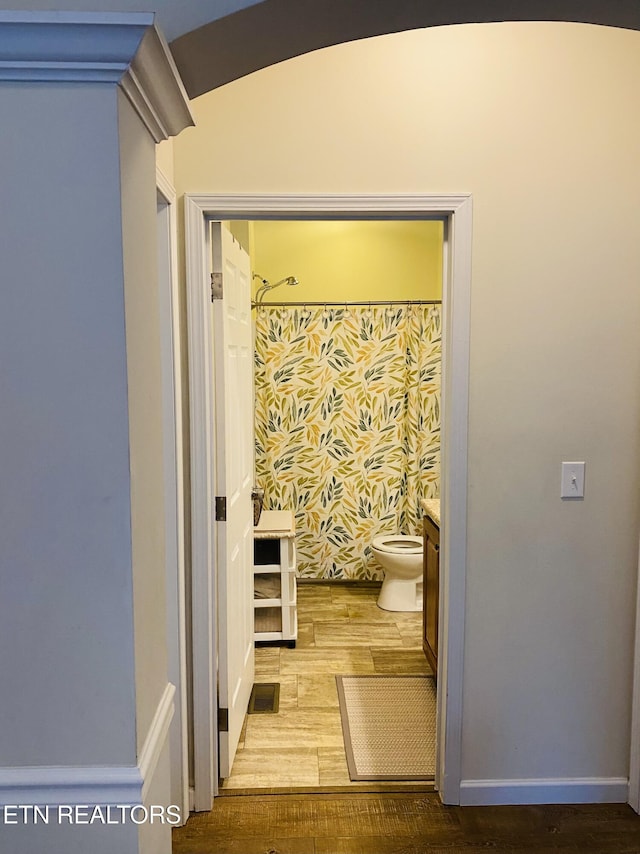 318 Deer Trail Dr, Dandridge, TN 37725 - bathroom featuring toilet, vanity, wood finished floors, and a shower with curtain