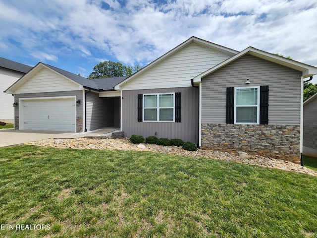 7928 Poplar Grove Ln, Powell, TN 37849 - ranch-style house featuring a garage, a front lawn, concrete driveway, stone siding, and board and batten siding