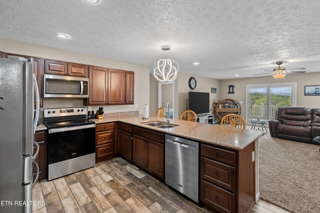 2055 Scott St, Sevierville, TN 37876 - kitchen with stainless steel appliances, a sink, open floor plan, a peninsula, and a ceiling fan