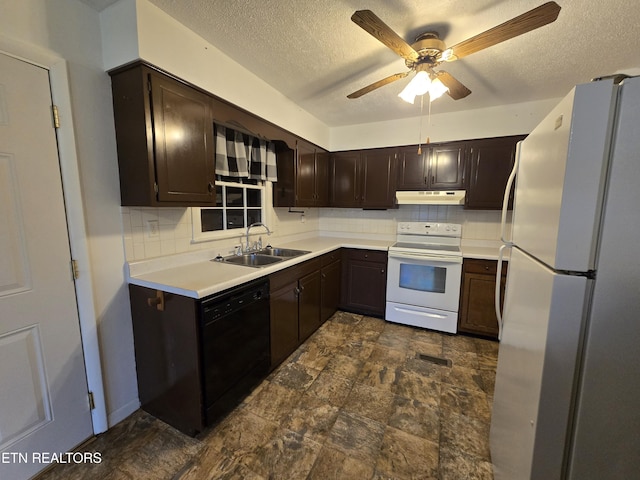 288 Machine Branch Rd, Ewing, VA 24248 - kitchen featuring white appliances, under cabinet range hood, a sink, a textured ceiling, and decorative backsplash
