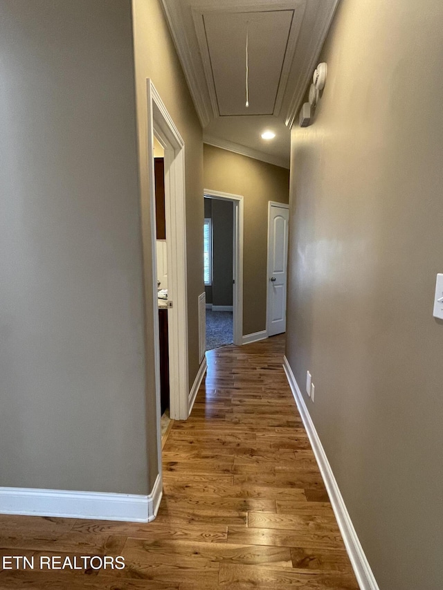 103 Crossroads Blvd, Oak Ridge, TN 37830 - hallway with attic access, crown molding, wood finished floors, and baseboards