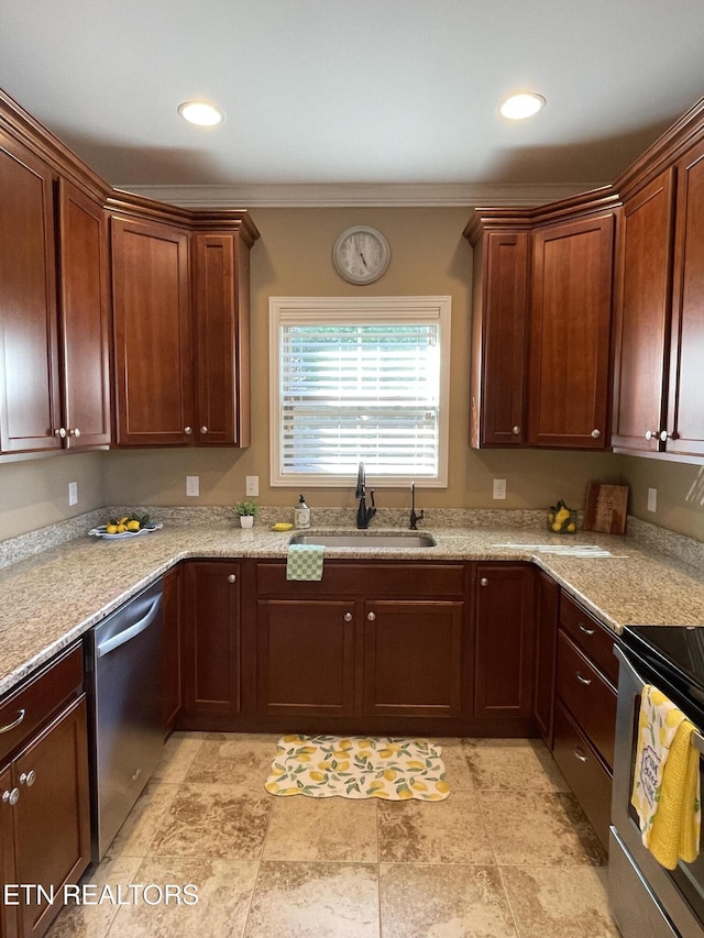 103 Crossroads Blvd, Oak Ridge, TN 37830 - kitchen featuring a sink, appliances with stainless steel finishes, ornamental molding, light countertops, and recessed lighting