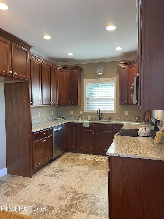 103 Crossroads Blvd, Oak Ridge, TN 37830 - kitchen featuring stainless steel appliances, ornamental molding, a sink, light stone counters, and recessed lighting
