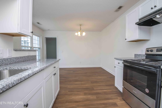 1713 Sails Way, Knoxville, TN 37932 - kitchen with electric stove, under cabinet range hood, white cabinets, and a chandelier