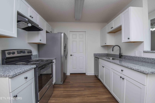 1713 Sails Way, Knoxville, TN 37932 - kitchen with stainless steel appliances, a sink, under cabinet range hood, white cabinets, and dark wood-type flooring