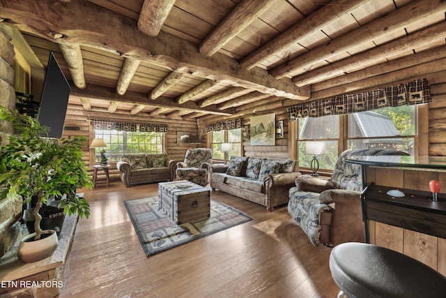 3509 Ginseng Way, Sevierville, TN 37862 - living area featuring log walls, wooden ceiling with exposed beams, and wood-type flooring